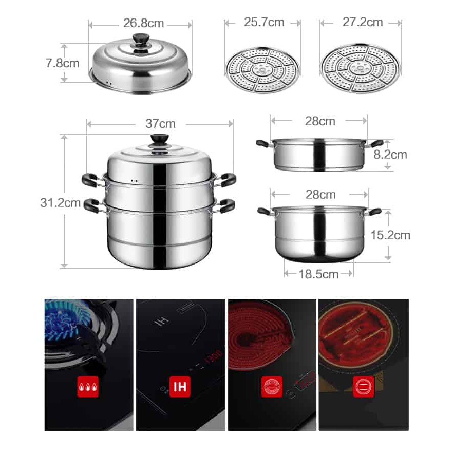 Nồi hấp inox 3 tầng🎈free ship🎃 không gỉ đa năng cỡ lớn - Xửng hấp kiêm luộc - hấp cách thủy nồi cao cấp inox dày