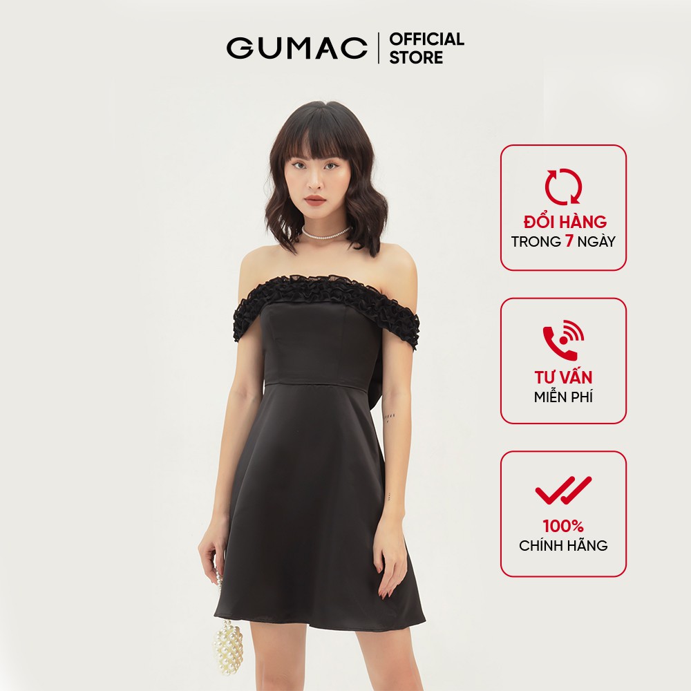 [Mã WABRGU72 giảm 10% tối đa 50k đơn 250k] Đầm dự tiệc bẹt vai GUMAC thiết kế nhấn vai quyến rũ, màu đen đủ size DB383