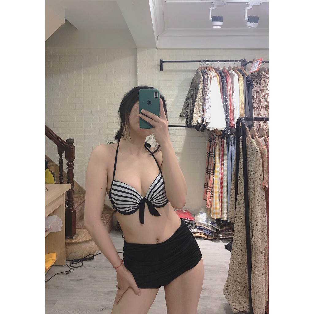 Bikini 2 mảnh đen trắng có gọng quần cạp cao mặc gợi cảm đi biển đi bơi [Hot 2020 có video]