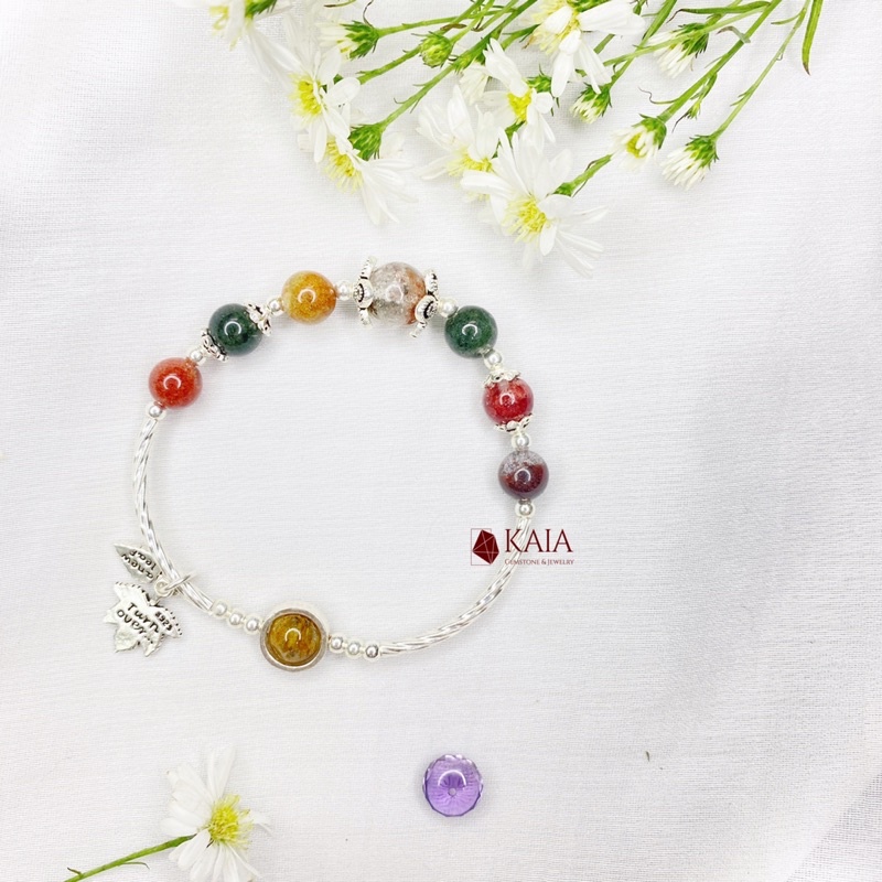 Vòng tay phong thuỷ Ưu Linh Đa Sắc mix charm leafs chiêu tài lộc may mắn bình an - KAIA V7