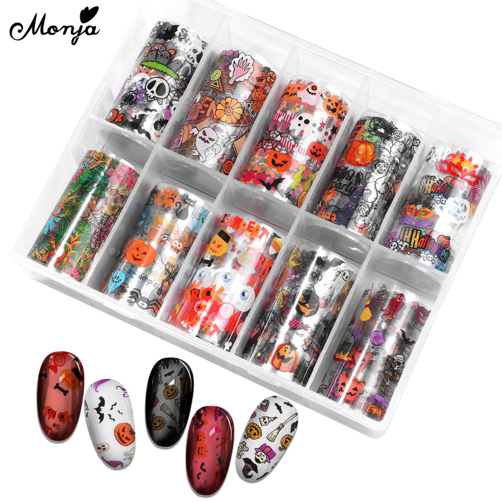 Set 10 cuộn miếng dán trang trí móng tay nghệ thuật MONJA họa tiết chủ đề halloween dạng chuyển độc đáo