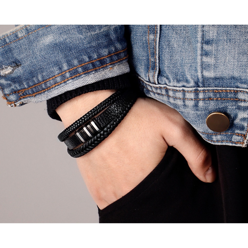 Vòng Tay Da Phối Thép Không Gỉ Phong Cách Hip Hop Thời Trang Cho Nam