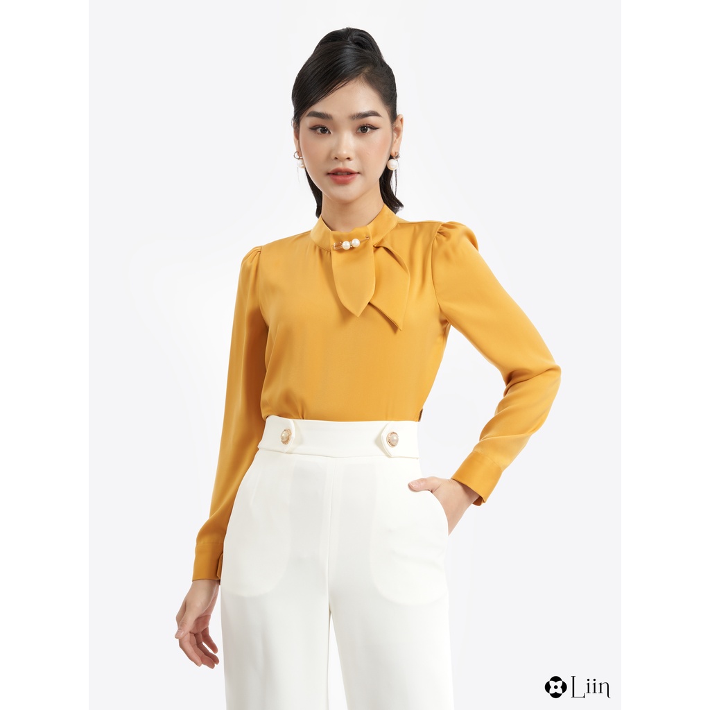 Áo kiểu nữ màu vàng thiết kế cổ tròn vạt khăn cách điệu xinh xắn Liin Clothing SM4008