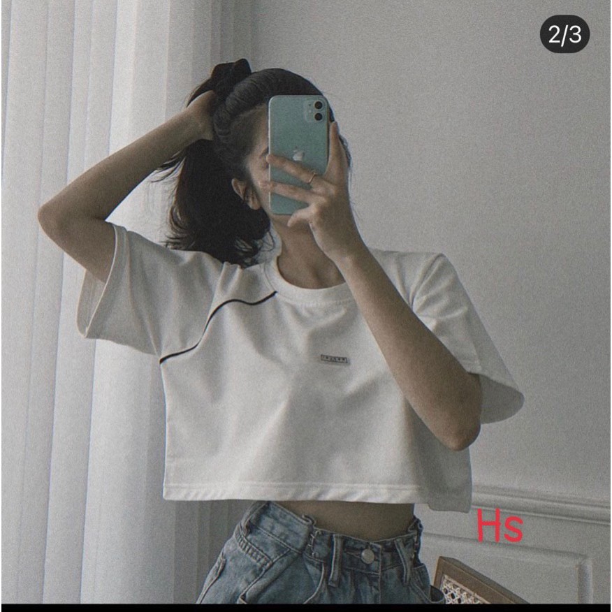 Áo Thun Croptop Nữ Logo Ngực Hở Eo ⚡FREESHIP⚡ Áo Phông Nữ Dáng Lửng Tay Lỡ 2 Màu