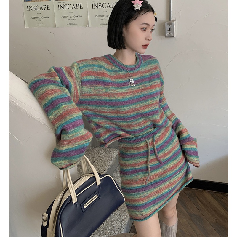 Set Áo Len Tay Dài Kẻ Sọc Phối Chân Váy Rút Dây Thời Trang Cho Nữ
