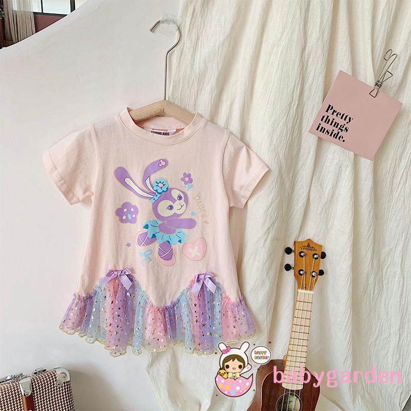 Đầm chữ A tay ngắn in họa tiết thỏ hoạt hình đính kim sa phối lưới dễ thương cho bé gái