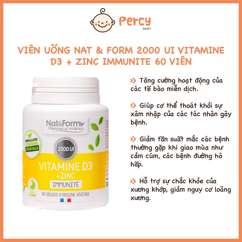 Viên Uống Nat & Form 2000 UI Vitamine D3 + Zinc Immunite 60 viên