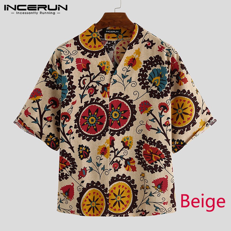 INCERUN Áo tay lỡ 3/4 in họa tiết phong cách cổ điển cho nam | BigBuy360 - bigbuy360.vn