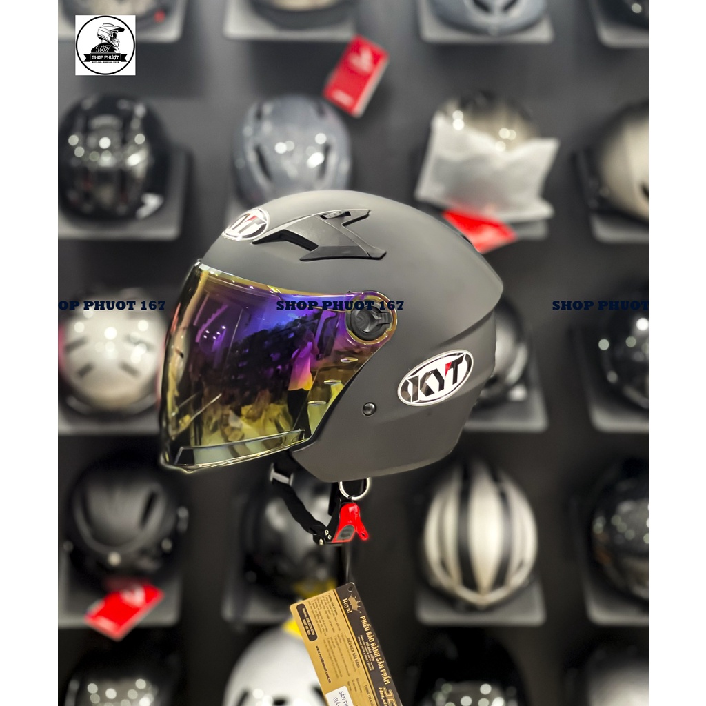 ( Kính TITAN) MŨ BẢO HIỂM 3/4 2 KÍNH MÀU ĐEN NHÁM ROYAL M268 DÁN KÈM LOGO KYT CHÍNH HÃNG