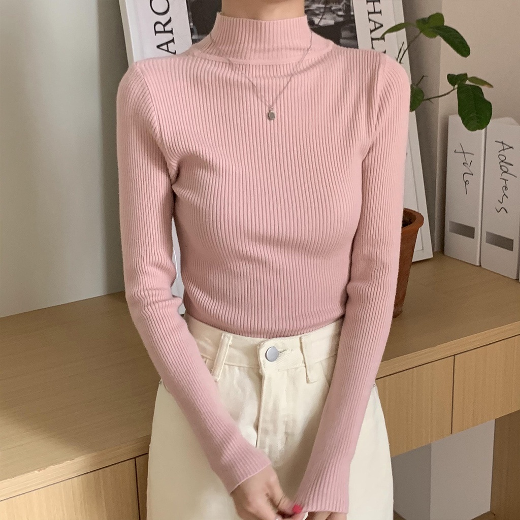 Áo Dệt Kim Tay Dài Cổ Cao Màu Sắc Đơn Giản Cho Nữ