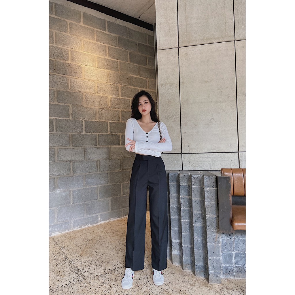 Áo croptop nữ tay dài HHVINTAGE kiểu nhún ngực nút thun co giãn Top A38