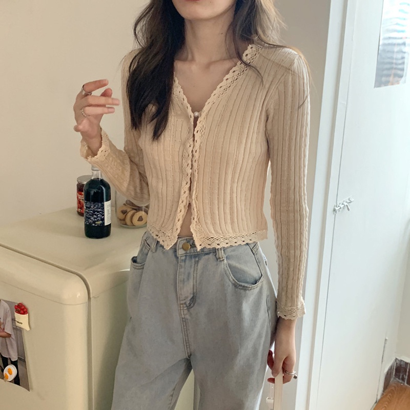 Áo khoác cardigan ZHELIHANGFEI dệt kim cổ chữ V phối ren hoa thiết kế thanh lịch