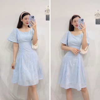 Đầm xanh dương cổ thuyền dự tiệc, Váy xanh họa tiết hoa Cao Cấp tay ngắn, nữ tính quyến rũ - MiNhi Fashion