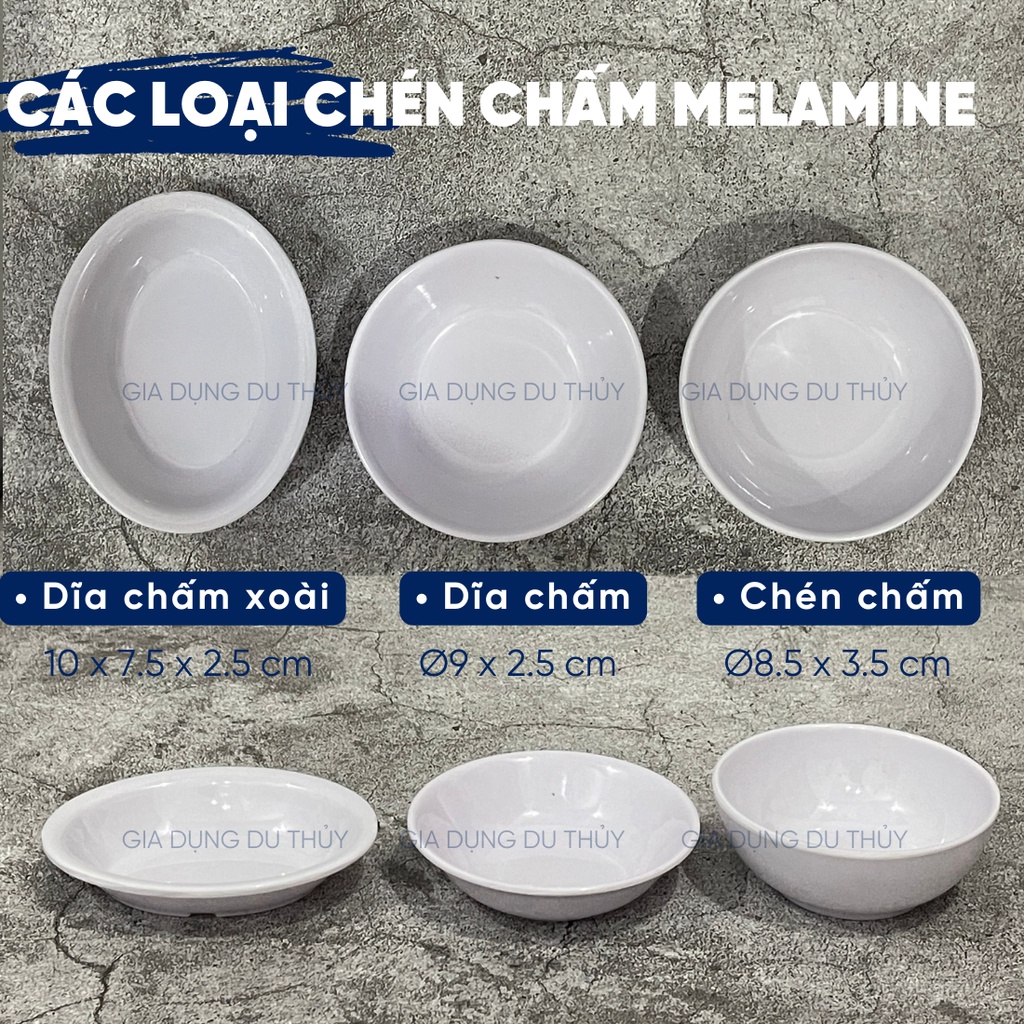 Dĩa chấm, chén nước mắm nhựa melamine nhựa phíp hình tròn, hình oval, màu trắng, vàng, xanh, hoa văn màu đỏ màu xanh