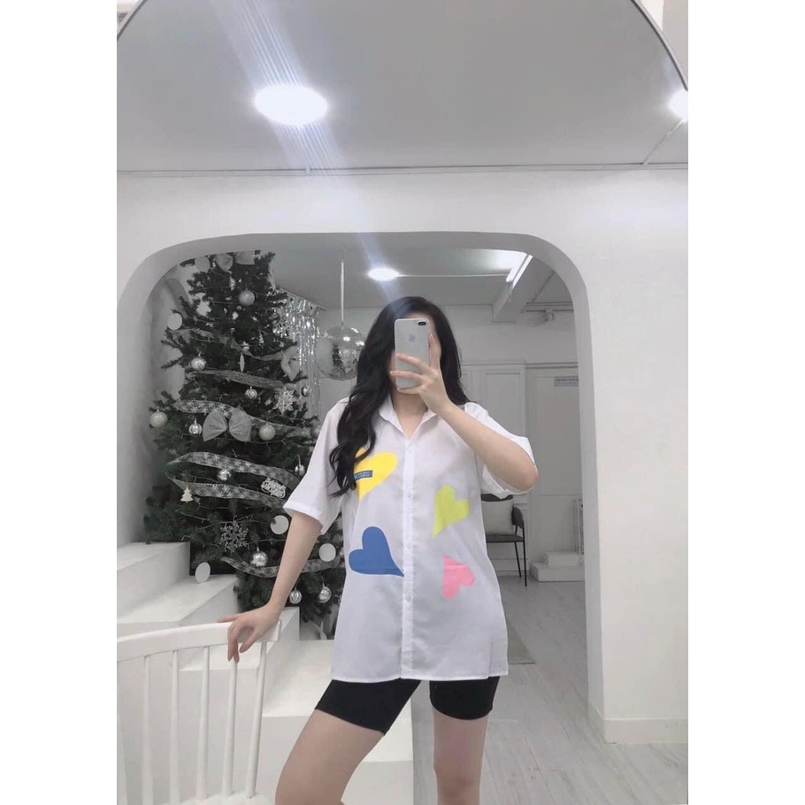 Set áo sơ mi, quần ngố ôm cho nữ, áo sơ mi họa tiết tim nhiều màu siêu HOT, phong cách dễ thương, set mặc đi chơi