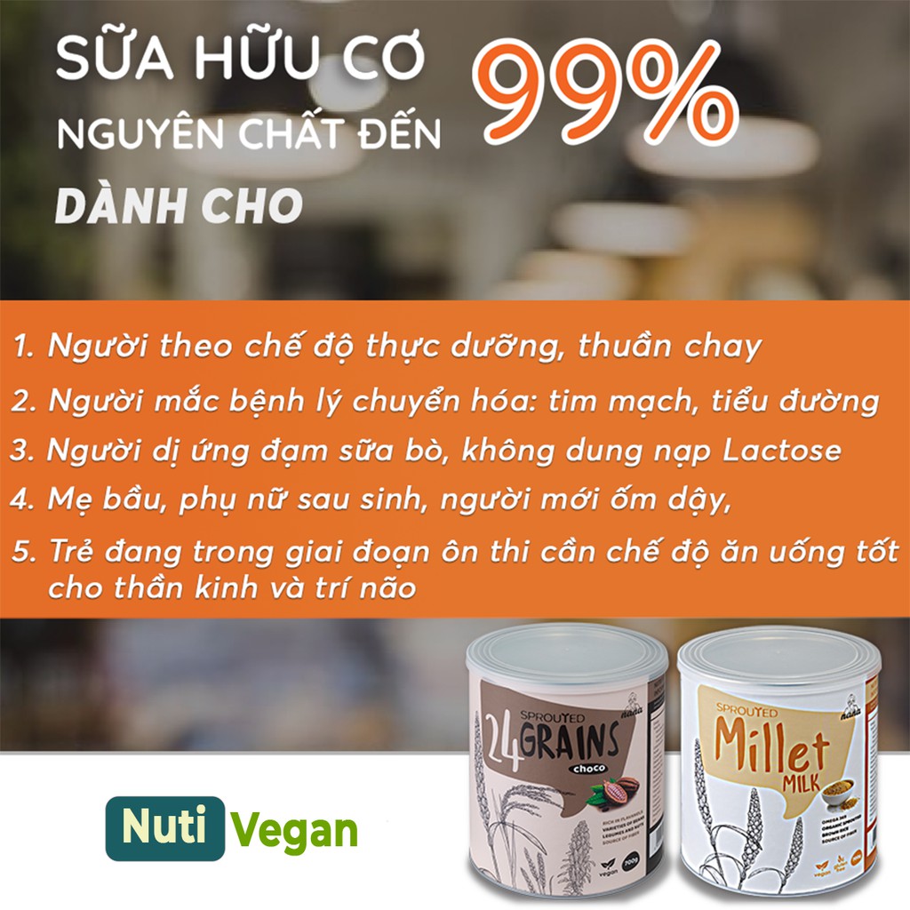 Sữa Hạt Hữu Cơ Millet Vị Gạo &amp; 24 Grains Vị Cacao Malaysia, Hộp 700g, Sữa Dinh Dưỡng Cho Người Lớn - nutivegan