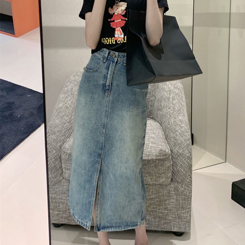 Chân váy jean IELGY dáng chữ A lưng cao phong cách retro dành cho nữ