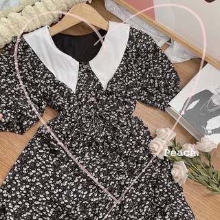 ĐẦM MIDI HOA ĐEN CỔ TRẮNG NHỌN