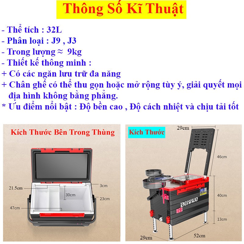 Thùng Câu Đài BENNUO J9 Đa Năng Thể Tích 32L giữ nhiệt cực tốt, giải quyết mọi địa hình khi đi câu cá , du lịch KK-26