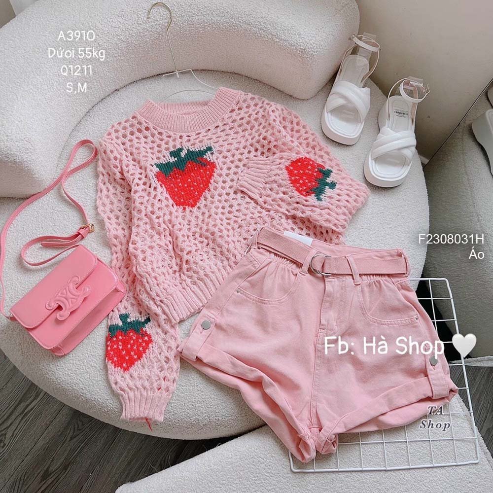 Áo len kiểu lưới phối hình quả dâu tay dài hàng QC!