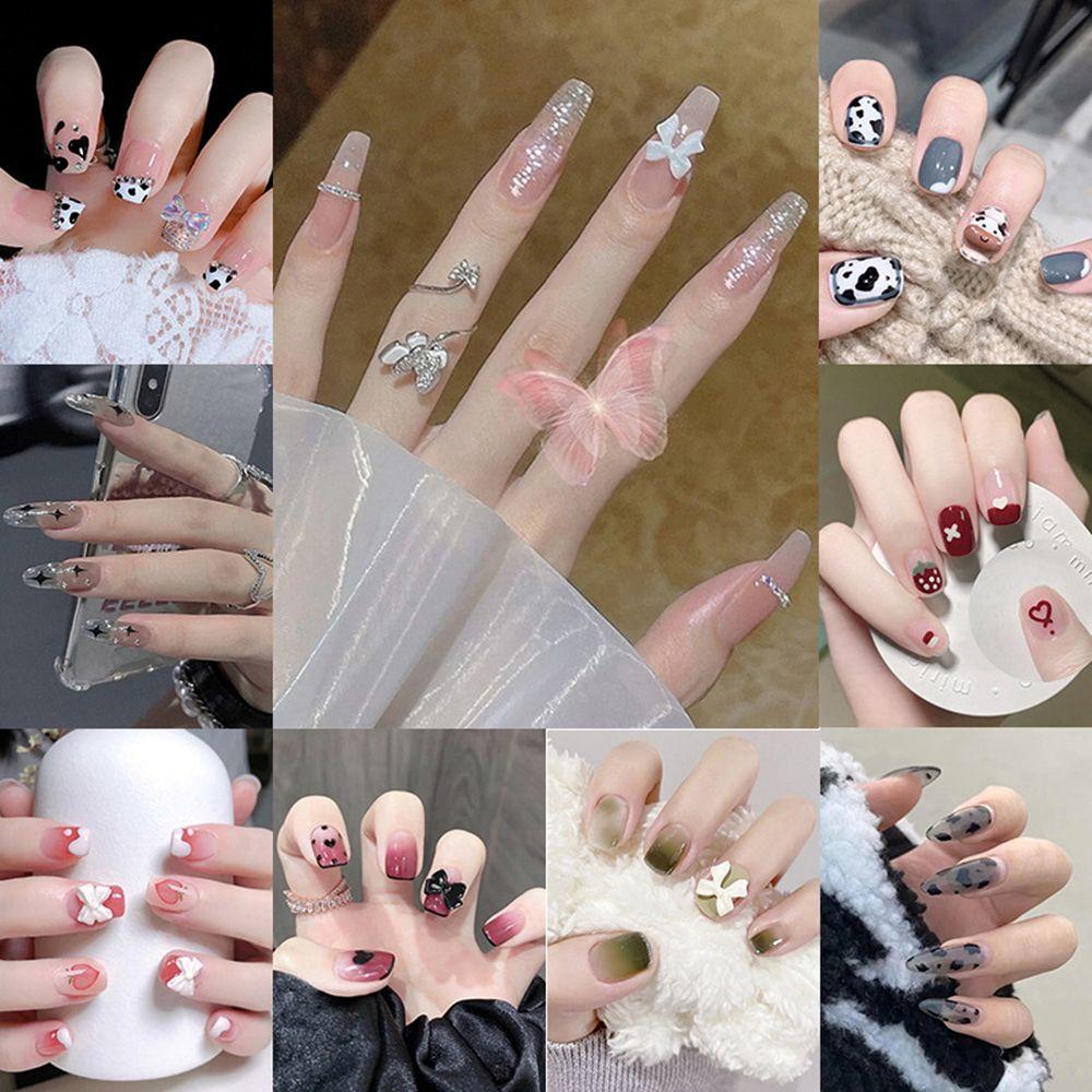 Set 24 Móng Tay Giả Đính Nơ Ngắn Che Phủ Toàn Diện