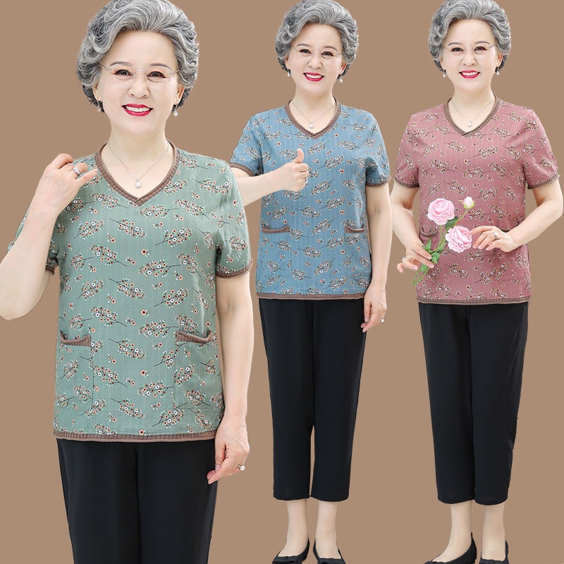 Áo thun tay ngắn cho người trung niên và người lớn tuổi cho bà mẹ, bộ đồ thường ngày
