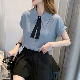 Áo Sơ Mi Chiffon Tay Ngắn Cổ Peter Pan Màu Xanh Dương Dễ Thương Thời Trang Mùa Hè Cho Nữ