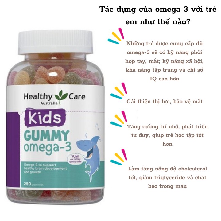 Kẹo dẻo bổ mắt Healthy Care Kids Gummy Omega 3 phát triển trí não cho trẻ từ 2 tuổi 250 viên quatangme
