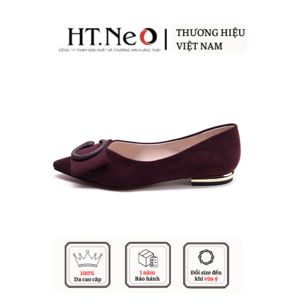 Giày búp bê nữ HT.NEO Da lộn mềm mại, thiết kế đính khuy cùng nơ cực xinh NU92