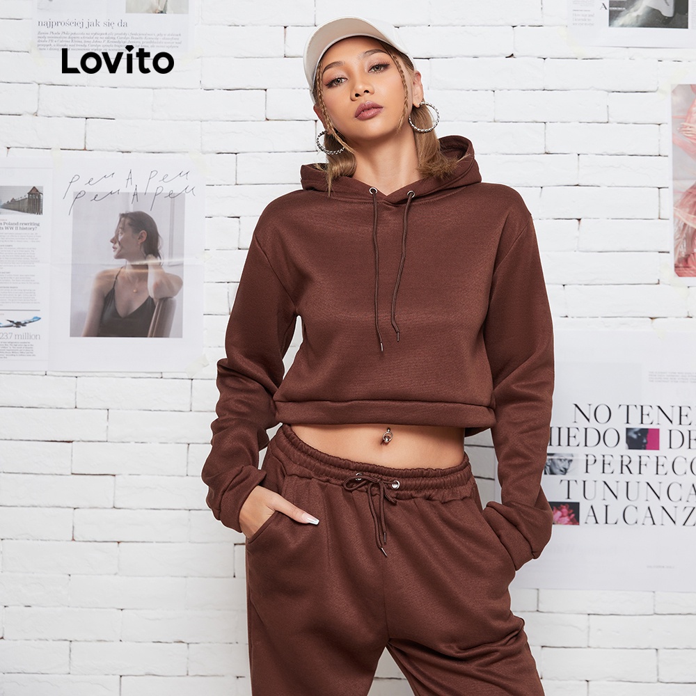 Set đồ Lovito gồm hoodie croptop dây rút mặc thường ngày L08169 (Màu cà phê/xám)