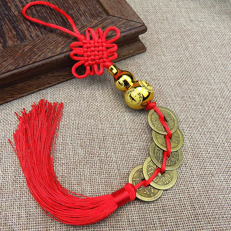 Dây đồng tiền xu Ngũ Đế gắn hồ lô vàng trên đỉnh và dây đồng xu phong thủy chiêu tài rước lộc may mắn