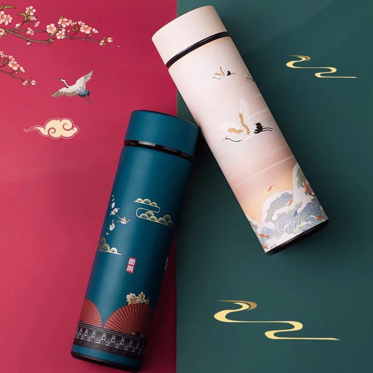 Bình giữ nhiệt hiển thị nhiệt độ họa tiết cung đình Ráp 500ml kèm túi, hộp quà dùng để uống nước, trà, cà phê quà tặng