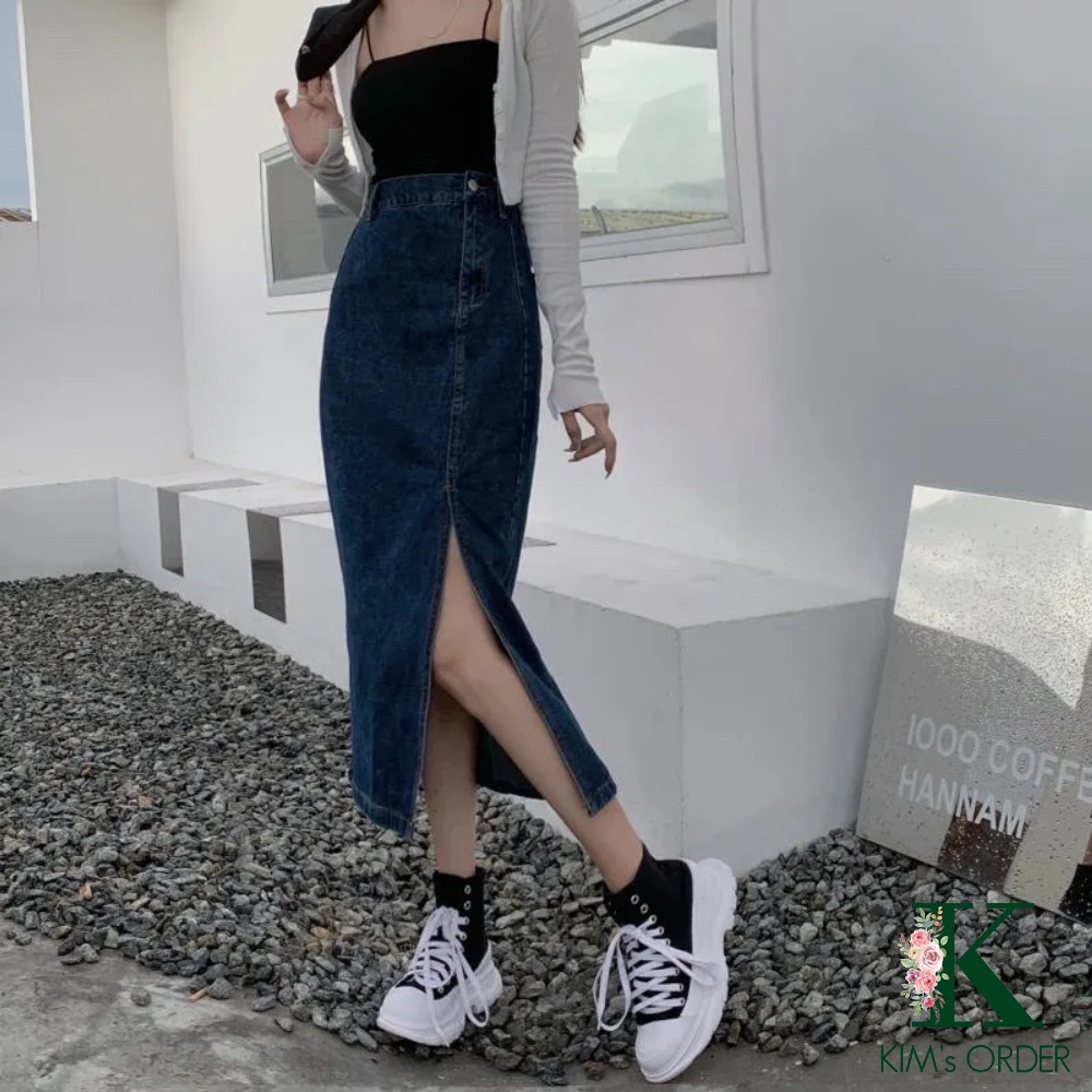 Chân váy bò Denim nữ màu xanh đậm và đen chất Jeans dáng dài xẻ tà cạp lưng cao hàng Quảng Châu phong cách Ulzzang Hàn | WebRaoVat - webraovat.net.vn