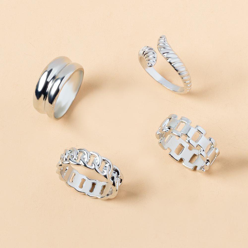 Set 4 Nhẫn Dạng Mở Phối Dây Xích Hình Học Phong Cách Vintage Cá Tính Cho Nữ