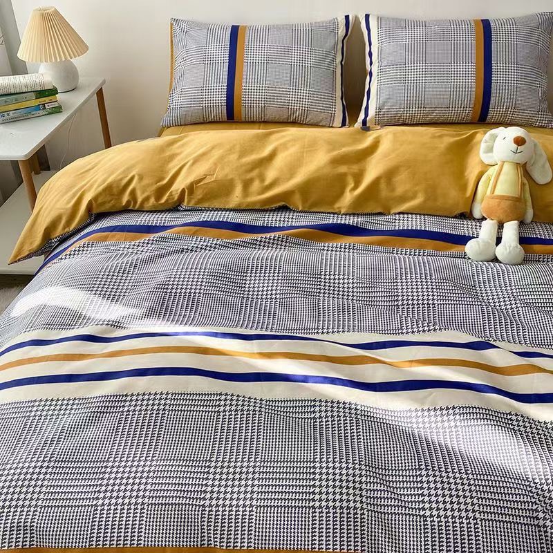 Bộ chăn ga gối cotton living nhập khẩu lonaabedding họa tiết kẻ ngang vàng trắng xanh, ô vuông nhỏ xám ( full size)