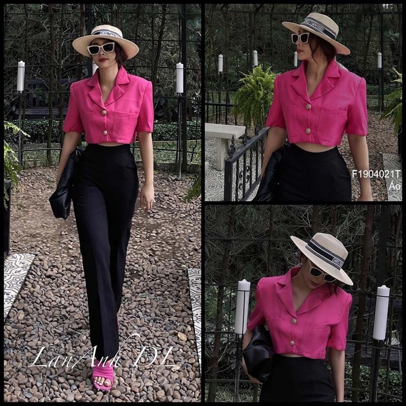 Áo croptop cổ vest phối hai túi