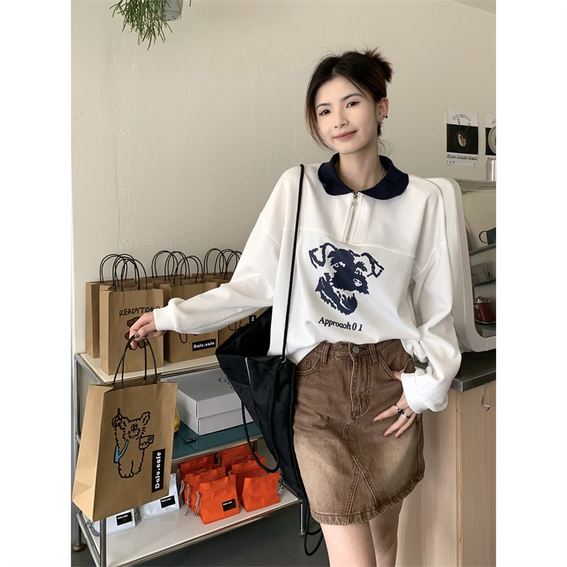 Áo sweater Tay Dài Dáng Rộng Cổ POLO In Họa Tiết Màu Tương Phản Thời Trang Mùa Hè Hàn Quốc 2022 Mới