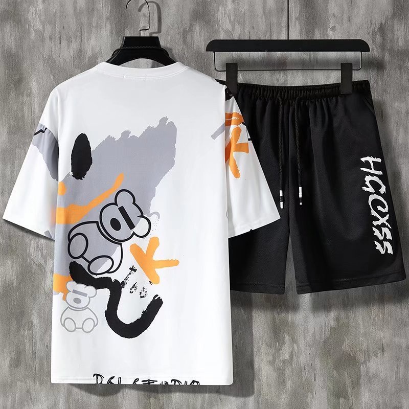 Round Neck Short Sleeve T-shirt Set + Men's Fashion Shorts Summer Suit Korean Cartoon Print Design Casual