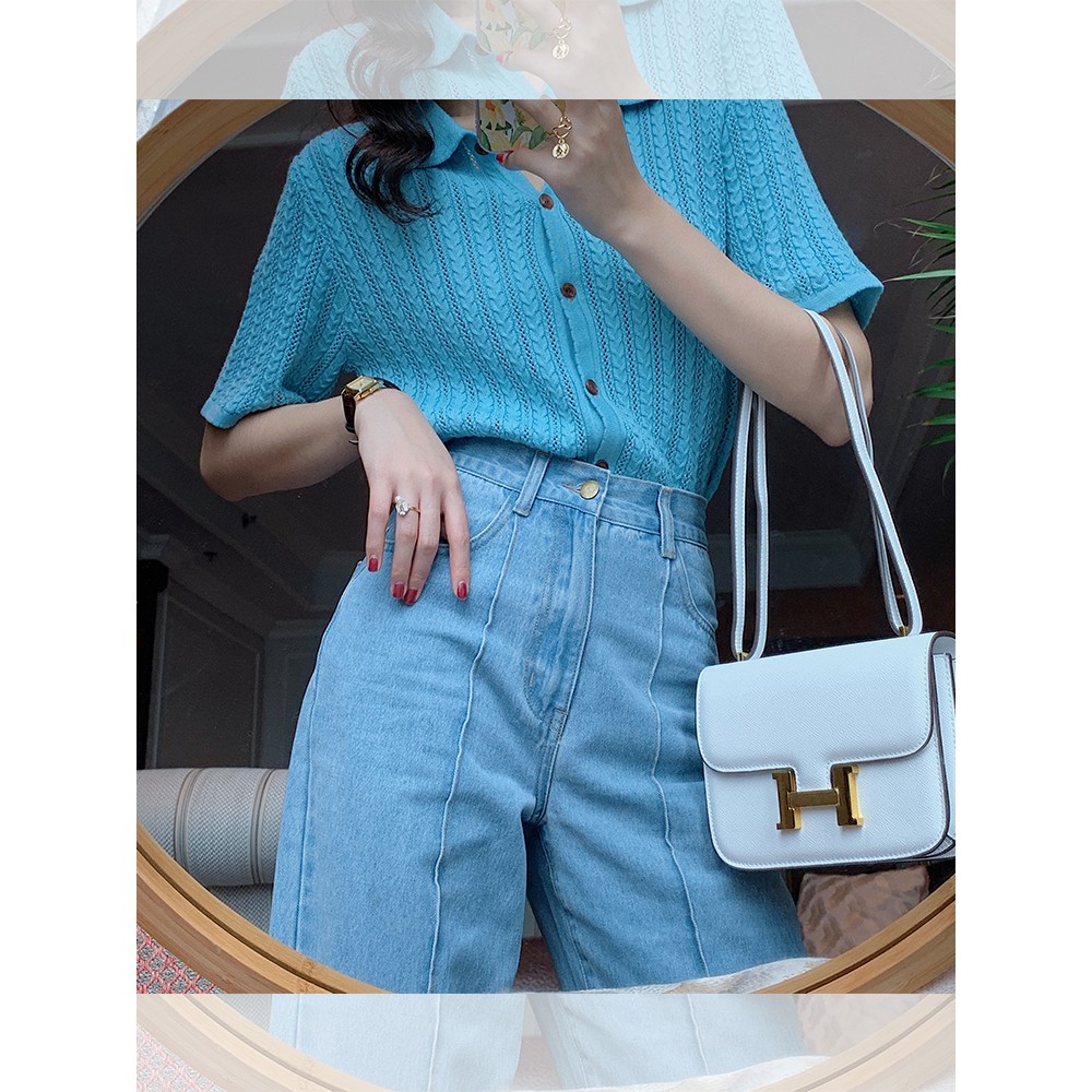 Áo dệt kim tay ngắn màu sắc đơn giản phong cách retro thời trang dành cho nữ