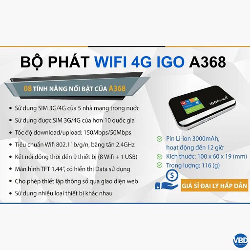 Bộ phát wifi 4G IGO A368, Download 150 Mbps, PIN 3000 Mah