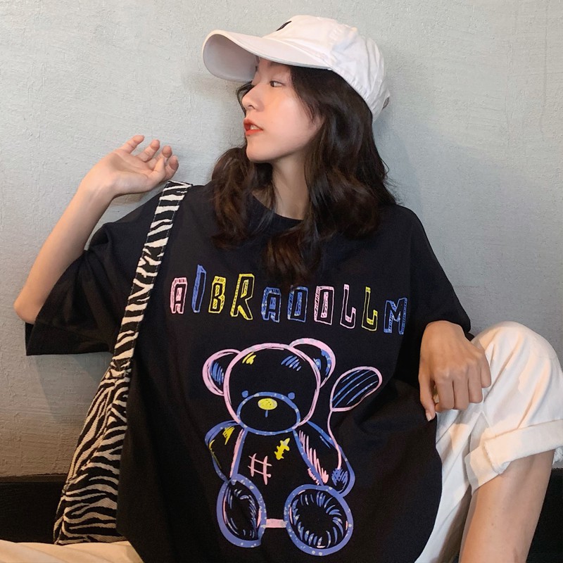 Áo phông tay lỡ unisex BEAR DRAW 2021, Áo phông nữ form rộng màu trắng đen chất cotton thời trang Ulzzang quảng châu | BigBuy360 - bigbuy360.vn