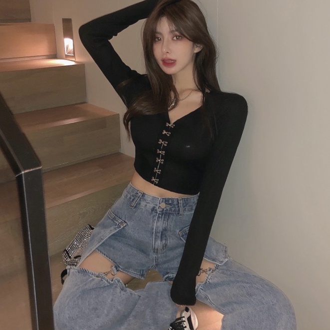 Cocory vn Áo croptop dệt kim tay dài cổ chữ V dáng ôm phong cách retro quyến rũ dành cho nữ