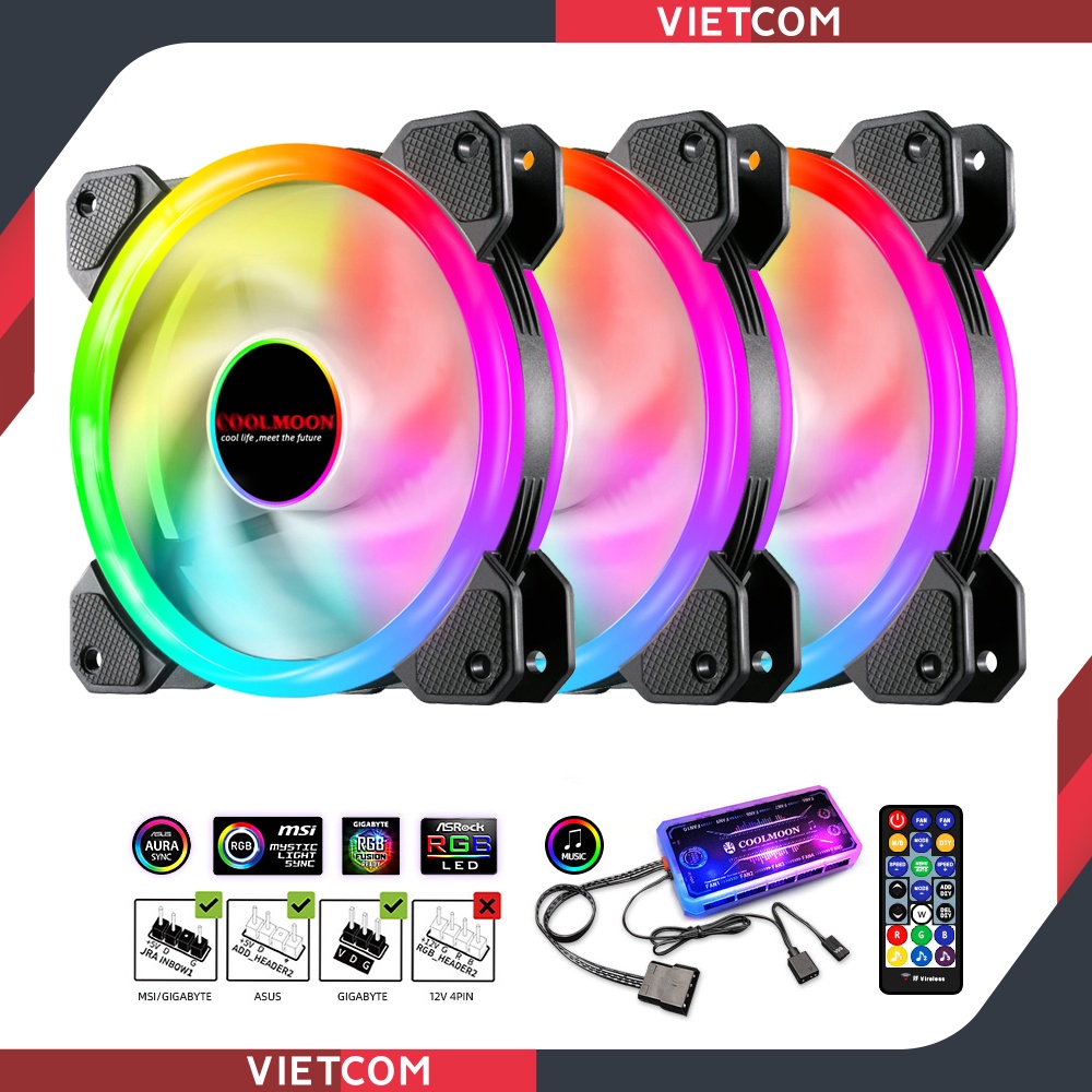 [ BỘ 3 FAN + HUB ] Fan Led RGB Coolmoon V2 + Bộ Hub Coolmoon và điều khiển