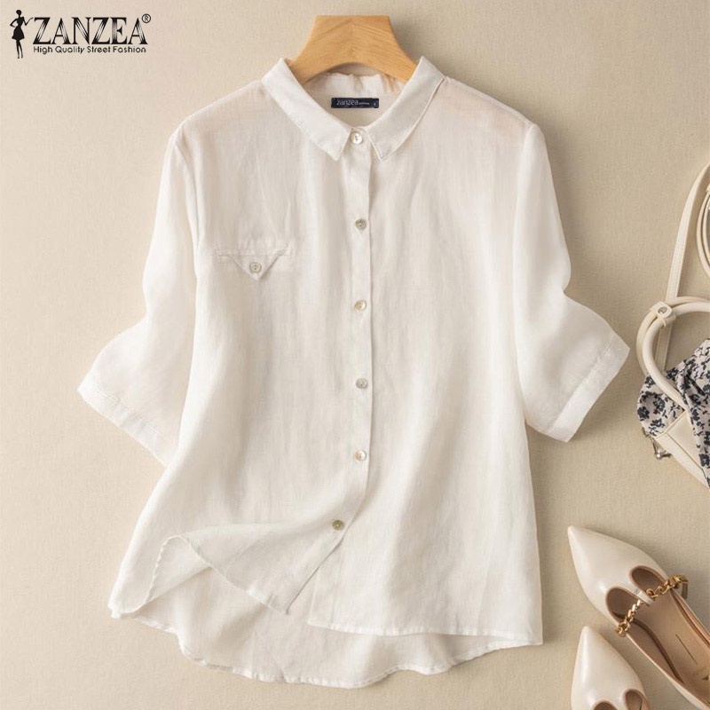 Áo sơ mi Zanzea cổ bẻ tay 3/4 cài nút màu trơn thời trang cho nữ