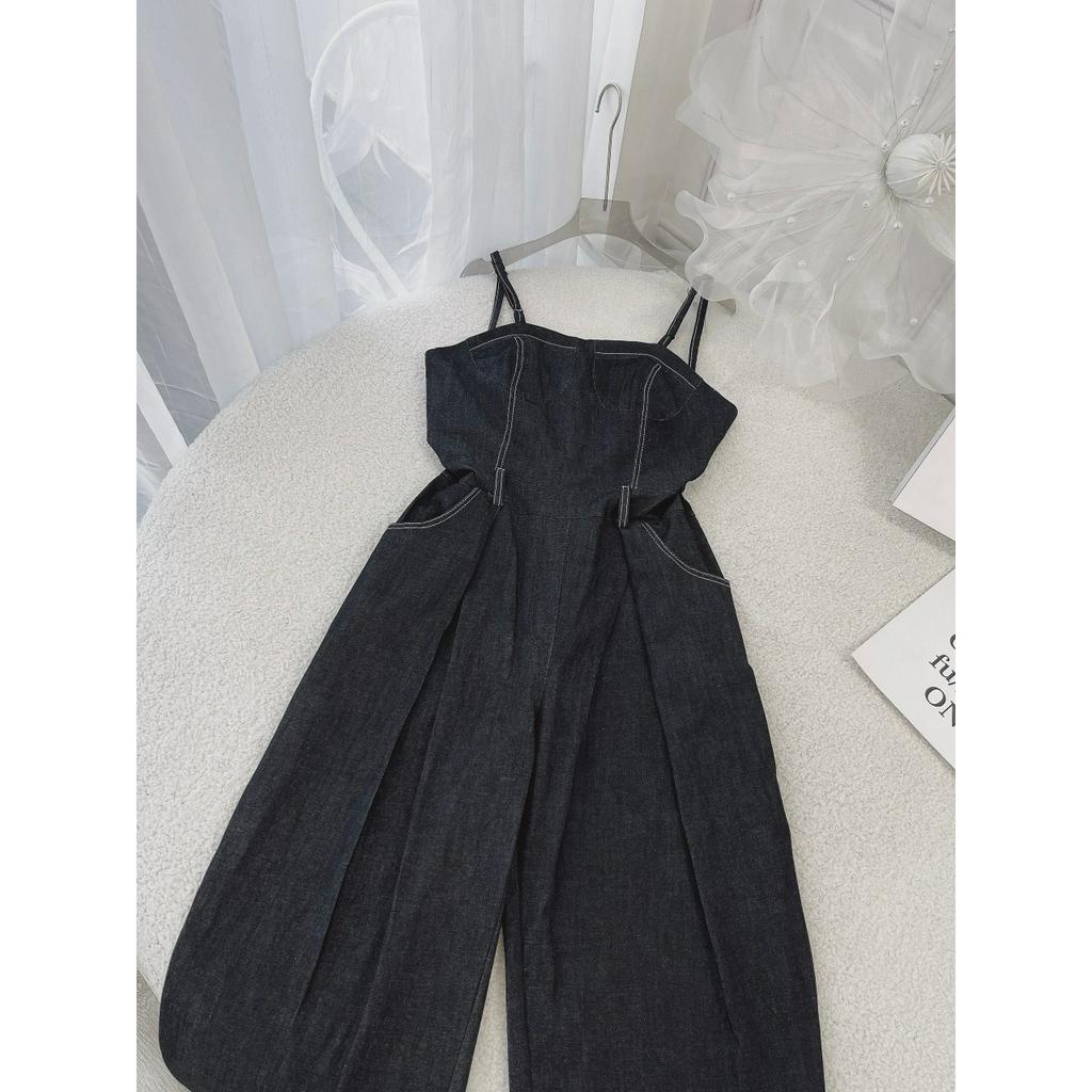 JUMPSUIT JEAN CHỈ VIỀN 2 DÂY TÚI QUẦN SUÔNG DÀI (TH)