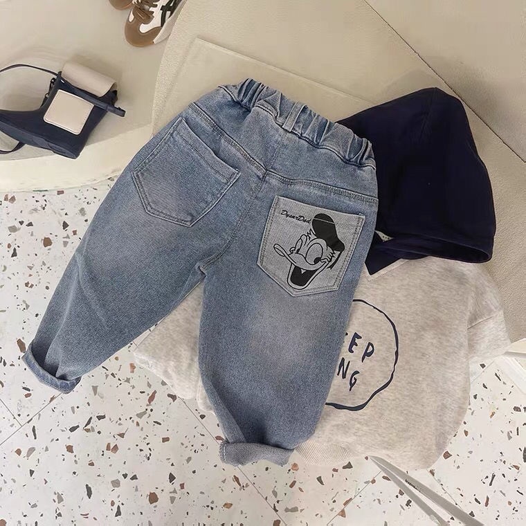 Quần Jean dễ thương cho bé trai,Quần Jean Dài Vải Cotton Co Giãn Tốt In Hình Vịt Donald Thời Trang Cho Bé Trai