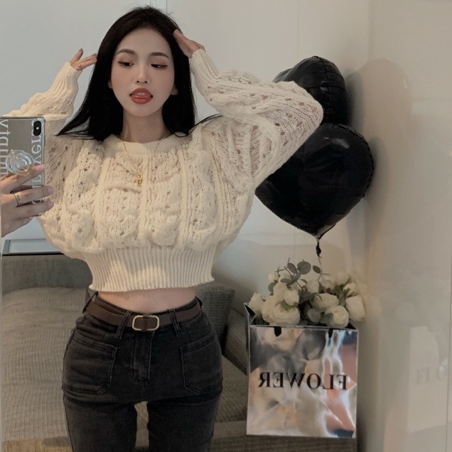 Áo len ZHELIHANGFEI dệt kim mỏng tay phồng dài xinh xắn thời trang Hàn Quốc cho nữ