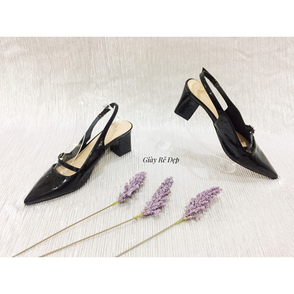 Giày Cao Gót Quai Hậu 5P Đế Vuông Mũi Nhọn Da Bóng Thanh Lịch | Sandal Cao Gót Nữ Đế Vuông 5p Mũi Nh