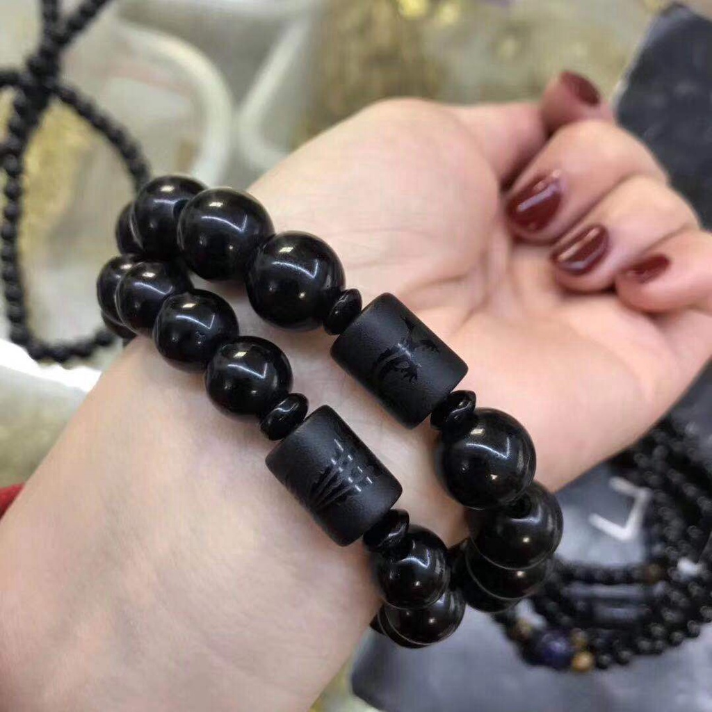 Vòng tay chuỗi hạt đá Obsidian màu đen phong cách dân tộc cho nam và nữ