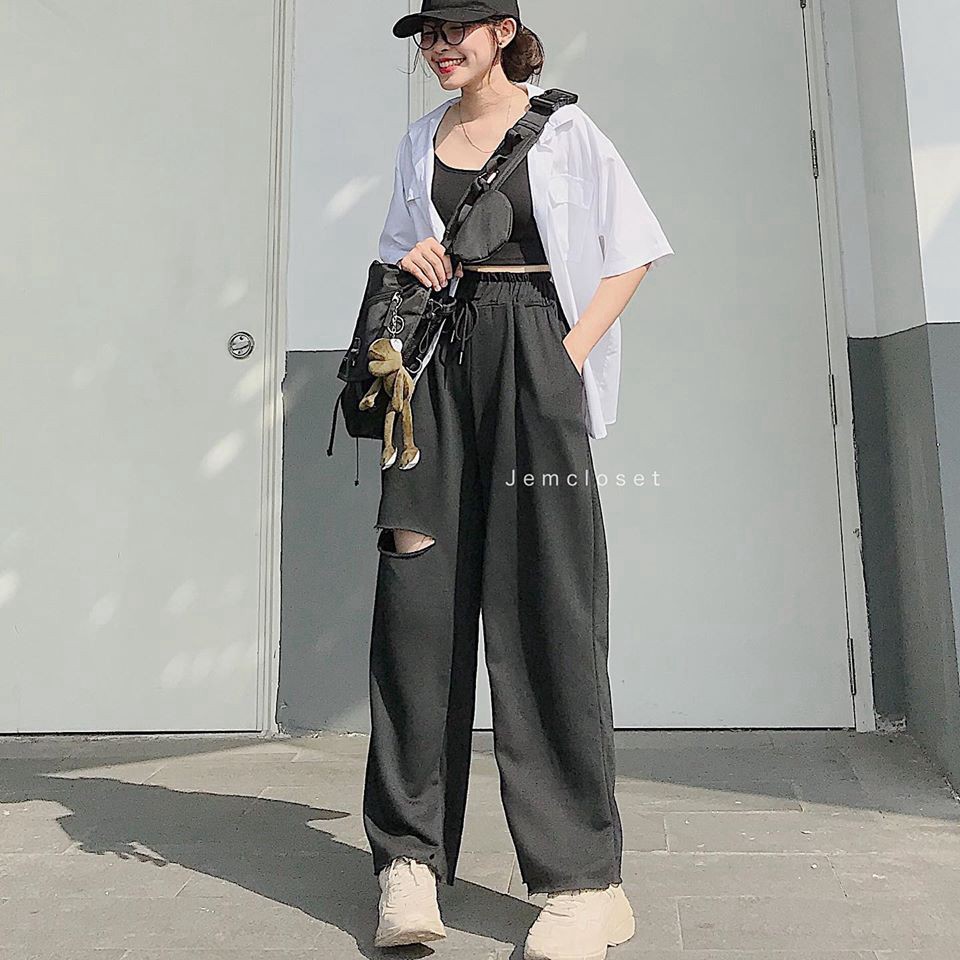 Quần ống rộng rách đùi lai tưa Unisex- Quần nỉ bo chun dáng rộng phong cách ullzang quần cá tính | BigBuy360 - bigbuy360.vn